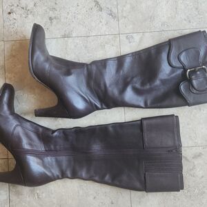 Antonio Melani Brown Knee Boots 8M with Buckle Detail, Zip Up, 3.5" Heel